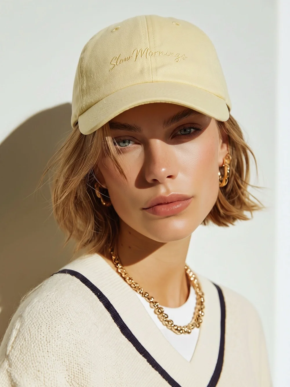 NWT Women’s Pale Yellow Embroidered “Slow Mornings” Baseball Cap Adjust Strap